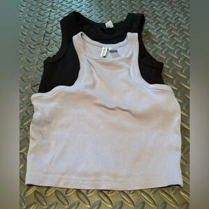 Lot of 2 Size Small Divided Crop Tops 1-Purple (100% Cotton) 1- Black Poly Blend